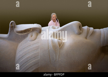 Gros plan de la tête de Colosse de Ramsès II à l'intérieur de la museum les vestiges de Memphis dans le village de mit Rahina, Egypte Banque D'Images