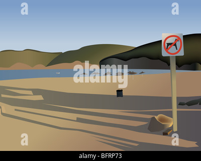 Soirée plage baie vide avec "Chiens non admis" et des parasols de paille XXL Banque D'Images