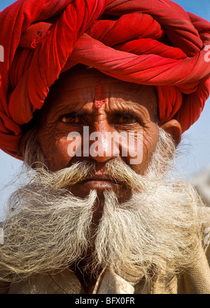 Un vieil homme barbu avec un Rajasthani turban rouge pendant la Pushkar Foire du bétail dans les déserts du Rajasthan Inde Banque D'Images