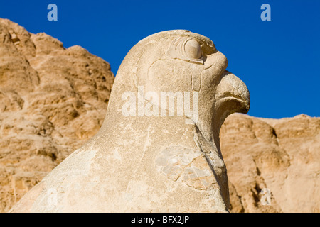 Close up of Horus statue à partir de la rampe au Temple d'Hatshepsout à Deir el Bahari, Cisjordanie, Luxor Egypte Banque D'Images