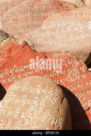 Prière sculpté des pierres sur le lac Nam tso Tibet Banque D'Images