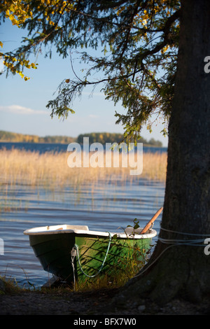 Barque échouée au bord du lac , Finlande Banque D'Images