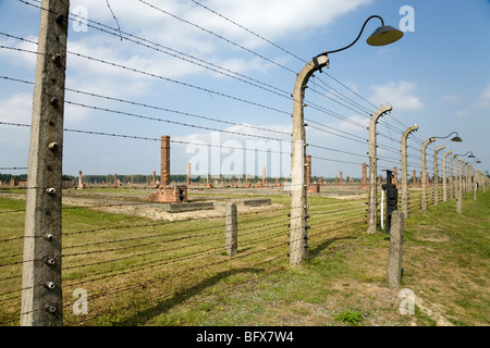 Clôture de périmètre / Birkenau (Auschwitz II Birkenau) Camp de la mort nazi à Oswiecim, Pologne, et les cheminées de briques de dortoirs derrière Banque D'Images