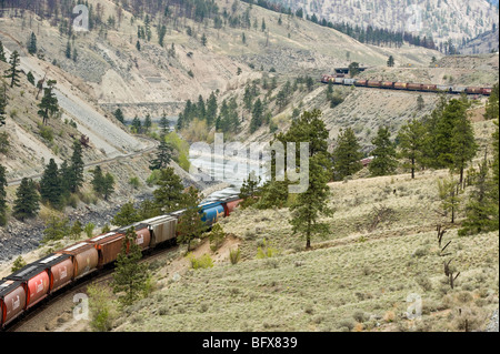 Le canyon de la rivière Thompson et train de marchandises, près de Spenser's Bridge, C.-B. Colombie-Britannique, Canada Banque D'Images