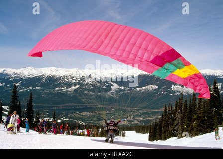 Whistler, BC, en Colombie-Britannique, Canada - vol Parapente Parapente à Rencontrez sur Blackcomb Mountain, Montagne de la côte, l'hiver Banque D'Images