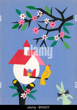 Coupe-papier moderne représentant des oiseaux et lapins de fleur fleurs rouge et blanc Mme Krystyna Majewska Gdansk Pologne Banque D'Images