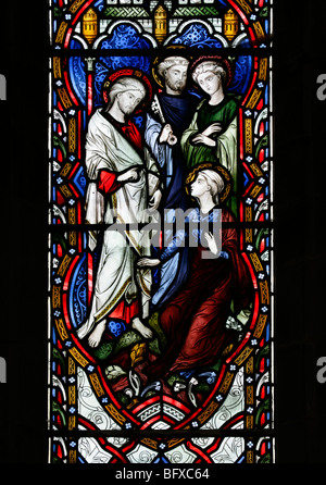 Vitrail représentant le Christ avec Marthe de Béthanie, Saint Pierre et Saint Jean, St Gregory's , Offchurch, Warwickshire Banque D'Images