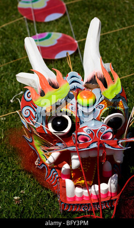 Tête de dragon coloré d'un cerf-volant dragon chinois sur le sol Banque D'Images