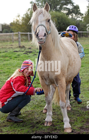 Deux jeunes filles se brosser un poney Banque D'Images