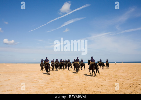 Les hommes en chemises bleues sur des chevaux noirs, la randonnée vers le bleu de la mer sur une plage de sable doré. Banque D'Images