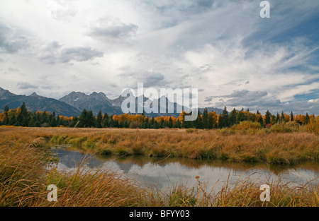 USA, Wyoming, Grand Teton NP, Snake River avec aspen grove, automne chaîne Teton en arrière-plan, vue de l'atterrissage de Schwabacher Banque D'Images