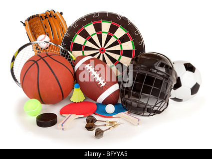 C'est un arrangement de plusieurs des articles de sport. Banque D'Images