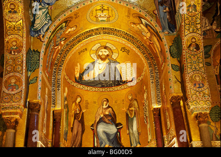 Le Christ avec Marie ci-dessous. Mosaïques byzantines ot La Chapelle Palatine dans le palais, Palerme Sicile normande Banque D'Images