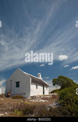 Toit de chaume historique chalet à Hotagterklip blanchies dans le village de pêcheurs de Struisbaai, Afrique du Sud Banque D'Images