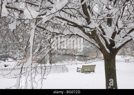 Arbres couverts de neige pendant une tempête de neige dans le parc de St James, Londres, Angleterre, Royaume-Uni, Europe Banque D'Images