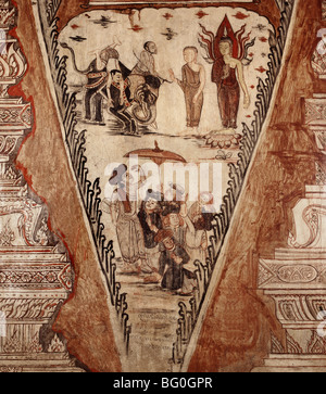 Bouddha confond l'hérétiques, détail de peinture murale datant de 1734, au Wat Ko Suttharam Keo, Petchaburi, Thailande, Asie Banque D'Images
