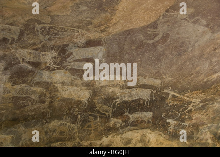 Animaux en art paléolithique sur le toit de la grotte du Zoo, Bhimbetka Grottes, Madhya Pradesh, Inde Banque D'Images