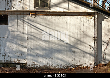 Les ombres des arbres et de la lumière du soleil à travers un automne Décembre tatty mais attrayant vieux hangar peint en blanc avec garniture vert à Montgomery, New York Banque D'Images