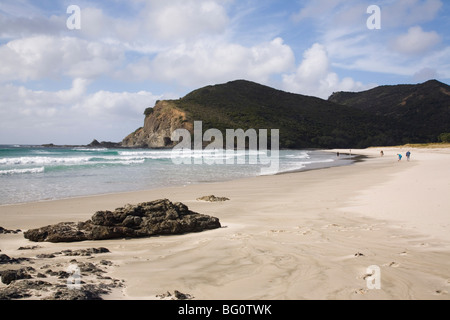 Tapotupotu Bay plage de sable avec des vagues et le promontoire rocheux, Aupori, Péninsule de Northland, North Island, New Zealand Banque D'Images