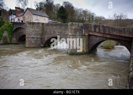 La rivière teme à Ludlow dans l'inondation. L'intégration de l'Charlton Arms Hotel à Ludford Bridge, Horseshoe Weir et riverside maisons. Banque D'Images