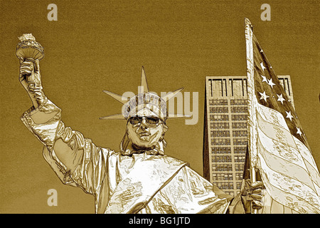 Statue de la liberté mime dans Battery Park, Manhattan, NY, manipulés avec des filtres à air d'un croquis au crayon sépia Banque D'Images