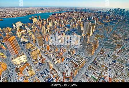 Solarized image de Lower Manhattan vu du haut de l'Empire State Building, au crépuscule, à la recherche principalement au sud. Banque D'Images