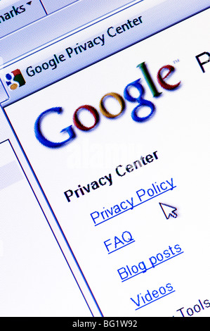 Capture d'écran de Macro Centre de confidentialité de Google - la section du site web de Google qui expose la façon dont il traite les données personnelles. Banque D'Images