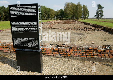 Avis d'information / signe / memorial près des chambres à gaz et les crématoriums / IV. Auschwitz II - Birkenau camp de concentration Nazi, Pologne Banque D'Images