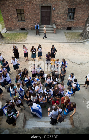 Voir l'école juive de collège / Enfants / étudiants (à partir d'une fenêtre haute) / Groupe de travail sur un tour de camp nazi d'Auschwitz. La Pologne. Banque D'Images