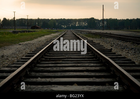 Les lignes de chemin de fer au crépuscule à l'intérieur de Birkenau (Auschwitz II - Birkenau) Camp de concentration Nazi à Oswiecim, Pologne. Banque D'Images