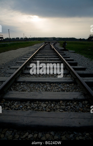 Les lignes de chemin de fer au crépuscule à l'intérieur de Birkenau (Auschwitz II - Birkenau) Camp de concentration Nazi à Oswiecim, Pologne. Banque D'Images