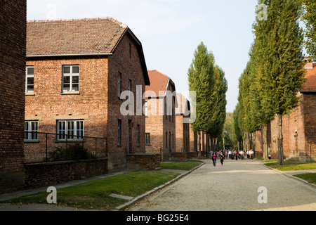 Hébergement pour les pâtés sur chaque côté de l'avenue / route au camp de la mort nazi d'Auschwitz à Oswiecim, Pologne. Banque D'Images