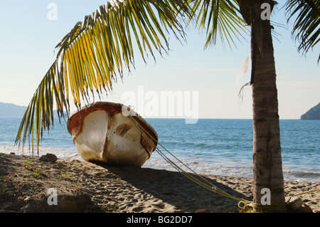 Un bateau de pêche liée à un palmier repose à terre sur la plage de sable de la village de La rustique de Jaltemba Peniti à Nayarit. Banque D'Images