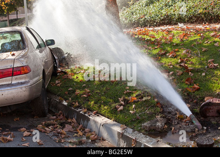 Woman driving Toyota Camry a couru en lampadaire & puis sur une pompe d'irrigation dans la région de Rancho Santa Margarita, CA. © Myrleen Pearson Banque D'Images