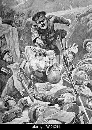 WW1 illustration contemporaine de soldat britannique d'assaut une tranchée allemande dans la bataille de Loos 1915 - une action qui a remporté un DCM. Banque D'Images