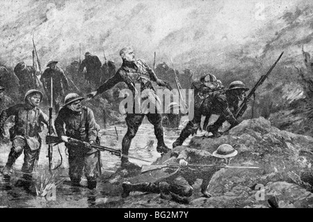 WW1 illustration contemporaine des troupes britanniques d'effectuer une attaque contre les lignes allemandes de lune sur la Somme en 1916. Banque D'Images