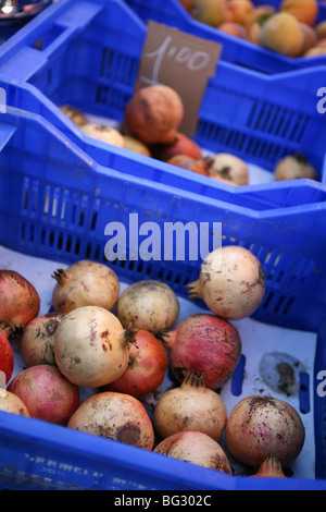 Des grenades dans des cageots, bleu pour la vente à un marché espagnol Banque D'Images