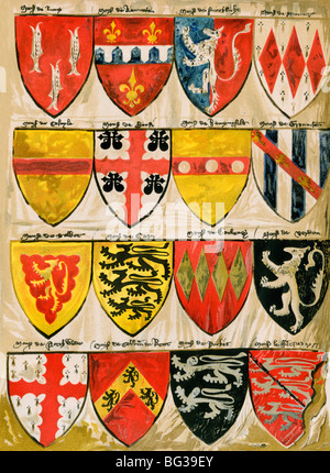 Boucliers de chevaliers et les barons anglais, peint pendant le règne d'Édouard III. Lithographie couleur Banque D'Images