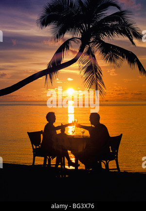 Couple having dinner at the beach, le grillage des verres, Maldives, océan Indien, Asie Banque D'Images