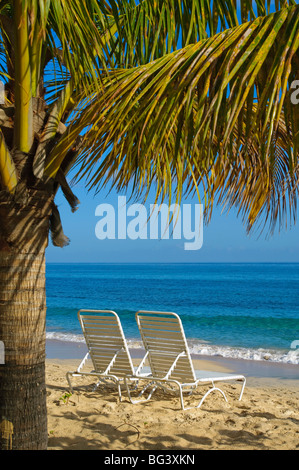 Chaises de plage sur la plage de Grand'Anse, Grenade, Îles du Vent, Antilles, Caraïbes, Amérique Centrale Banque D'Images