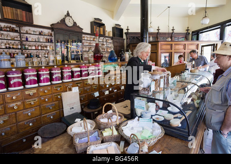 L'Angleterre, Shropshire, Ironbridge Gorge, Coalport, Blists Hill Victorian Town Museum, chimiste de l'intérieur du magasin Banque D'Images