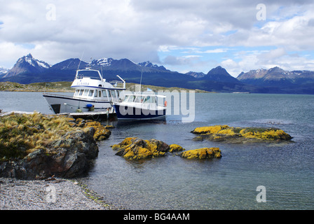 Bateaux amarrés dans une petite île dans le canal de Beagle. Ushuaia, Tierra del Fuego, Patagonie, Argentine. Banque D'Images