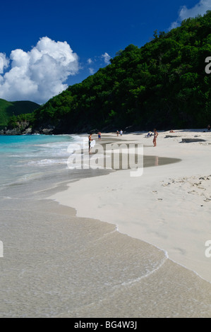 CINNAMON BAY, Îles Vierges américaines — Une vue pittoresque de Cinnamon Bay, une plage tropicale immaculée sur la rive nord de la ville de John dans les Îles Vierges américaines. La plage en forme de croissant avec son sable blanc et ses eaux turquoises est encadrée par une végétation luxuriante, illustrant la beauté naturelle des Caraïbes. Banque D'Images