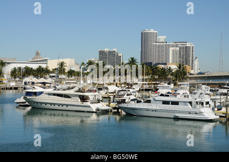 Yachts au Miami Bayside Marina, Florida USA Banque D'Images