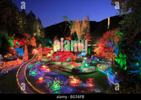 Les lumières de Noël la décoration de jardin en contrebas- Jardins Butchart à Xmas-Victoria, British Columbia, Canada. Banque D'Images