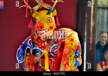 Moine tibétain en robe traditionnelle, exécution de danse rituelle de masque animal, cérémonie bouddhiste, Temple de la pagode, peuple tibétain, mythologie tibétaine, dragon Banque D'Images