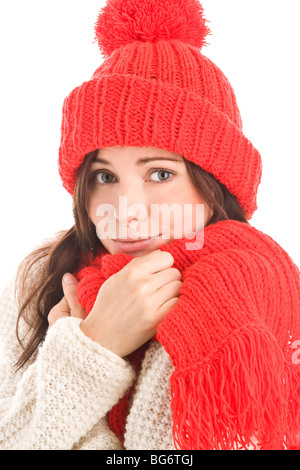 Femme portant chapeau et écharpe rouge isolé sur fond blanc Banque D'Images