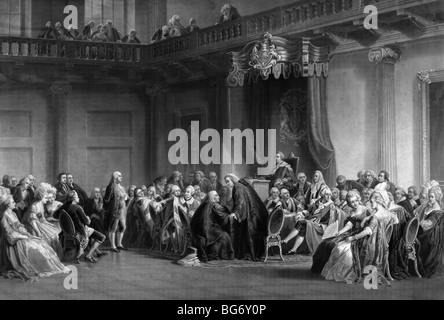 Benjamin Franklin devant le conseil du seigneur, chapelle de Whitehall, Londres, 1774, présentant les préoccupations des colons américains. Banque D'Images