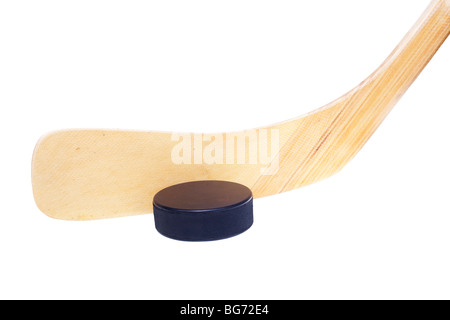 Close up d'un bâton de hockey sur glace et pointeur isolé sur fond blanc Banque D'Images