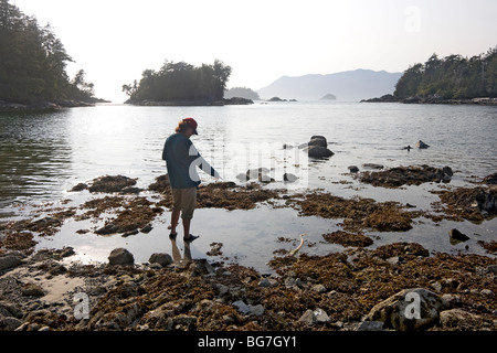 Femme regarde les étoiles de mer et des anémones à marée basse piscines sur l'île de Willis dans l'archipel Broken Group, Canada Banque D'Images